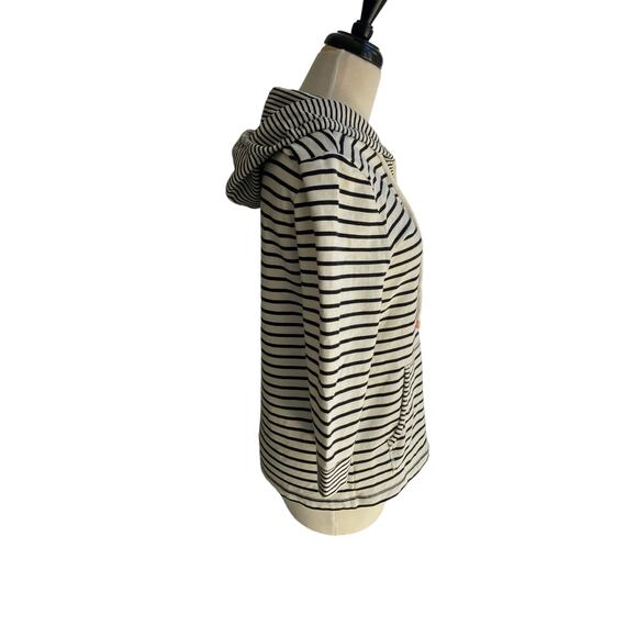 T by Talbots Black/White Stripe 3/4 Sleeve Zip Up Jacket Top w/Hood Size MP - Picture 2 of 7